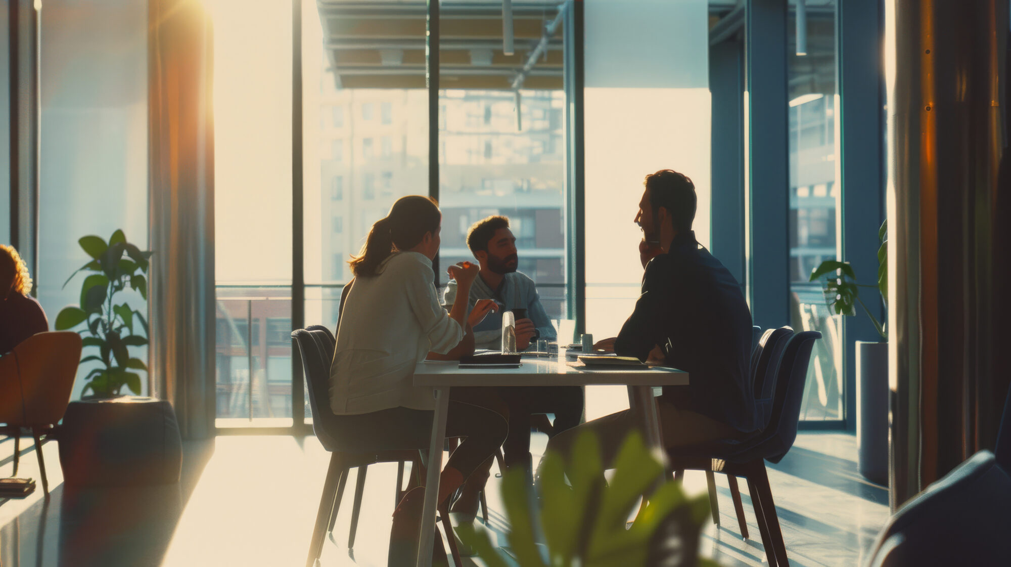 Three colleagues engage in a casual meeting in a sunlit office, fostering collaboration and creativity against a vibrant backdrop of city life.